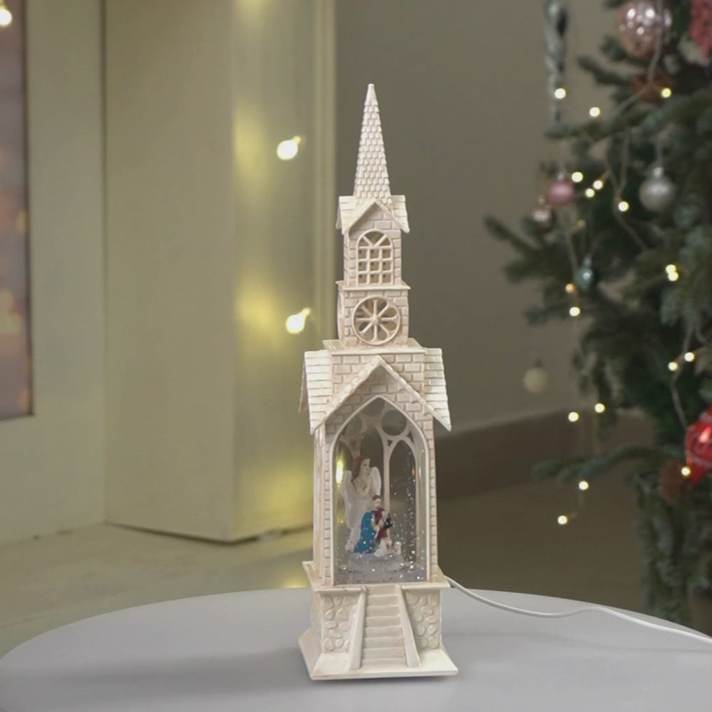 Single Tower Church with Holy Family  Decor with Musical Glitter Water, Rotation &  Light, Christmas Home Décor