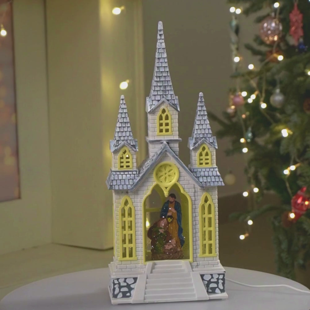 3 Tower Church with Holy Family  Decor with Musical Glitter Water, Rotation &  Light, Christmas Home Décor
