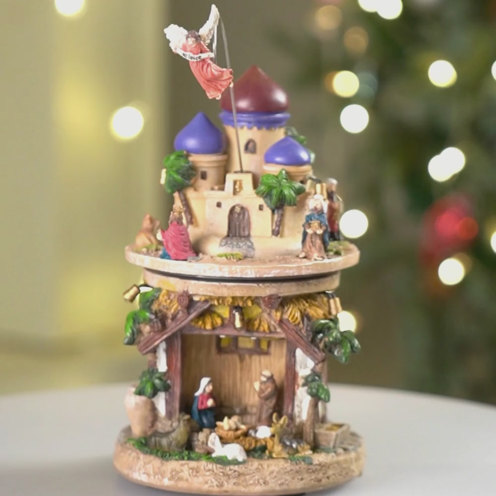 2 Layered Rotating, Musical & Lit Angel Holy Family Bethlehem Crib and Nativity set Christmas Décor