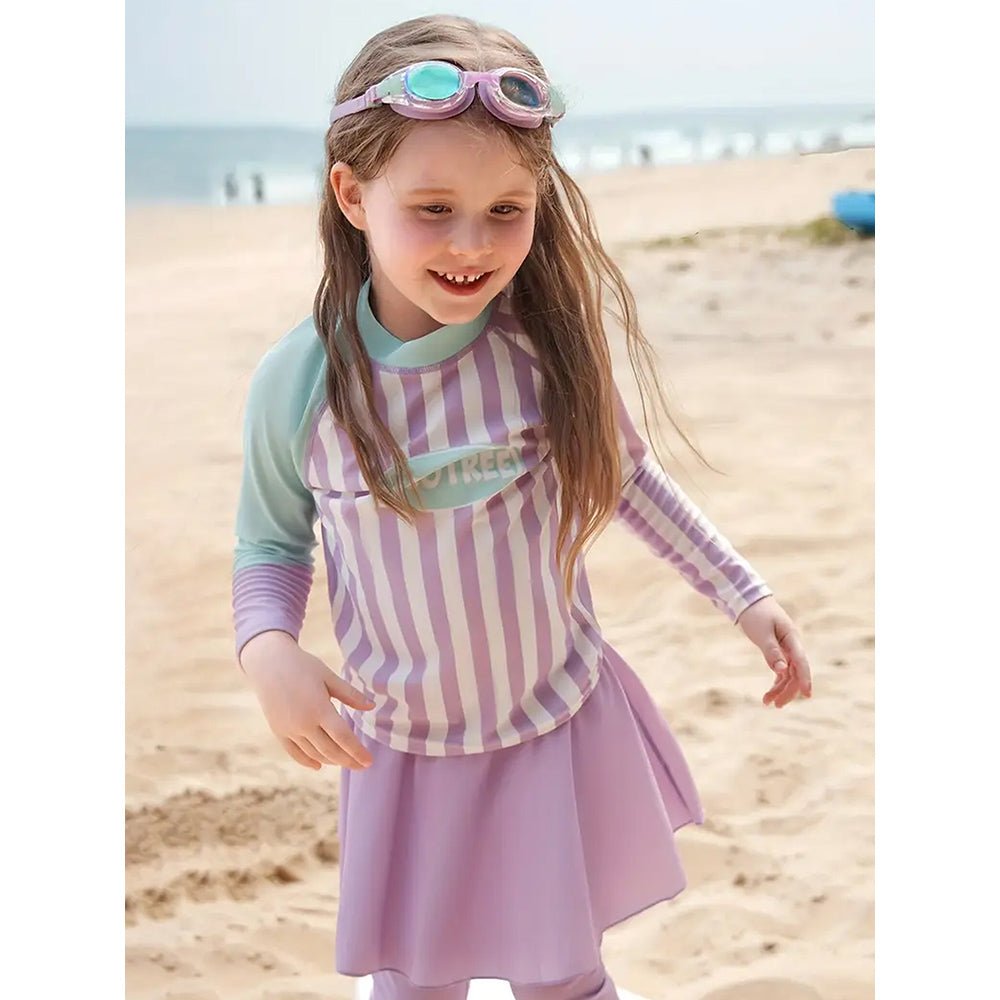 Purple & Mint Green Stripes 2pcs Full Length Swimsuit for Girls with UPF 50+ - Little Surprise BoxPurple & Mint Green Stripes 2pcs Full Length Swimsuit for Girls with UPF 50+
