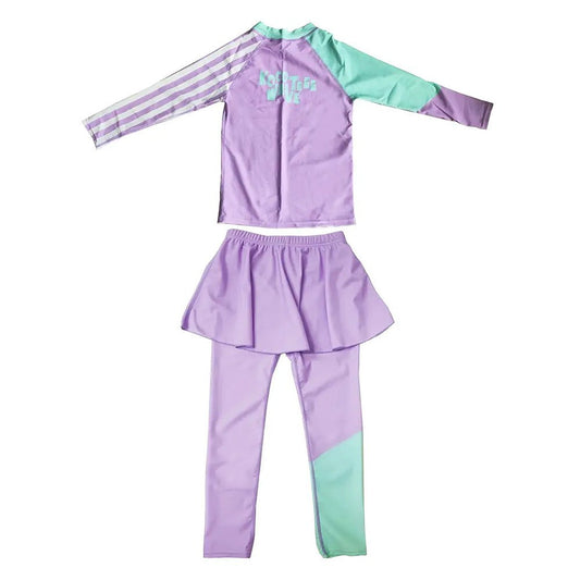 Purple & Mint Green Stripes 2pcs Full Length Swimsuit for Girls with UPF 50+ - Little Surprise BoxPurple & Mint Green Stripes 2pcs Full Length Swimsuit for Girls with UPF 50+