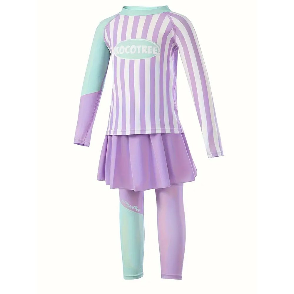 Purple & Mint Green Stripes 2pcs Full Length Swimsuit for Girls with UPF 50+ - Little Surprise BoxPurple & Mint Green Stripes 2pcs Full Length Swimsuit for Girls with UPF 50+