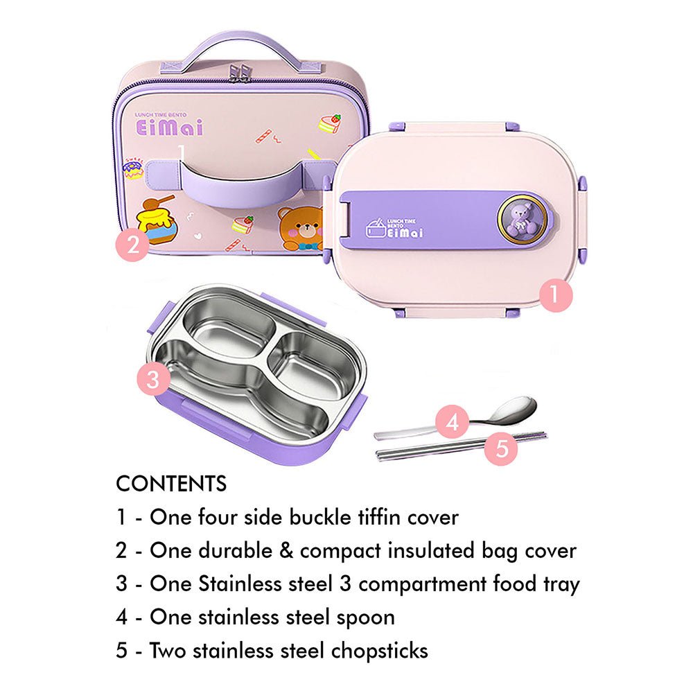 Purple Teddy Medium Size Size Stainless Steel Lunch Box with Lunch Bag - Little Surprise BoxPurple Teddy Medium Size Size Stainless Steel Lunch Box with Lunch Bag