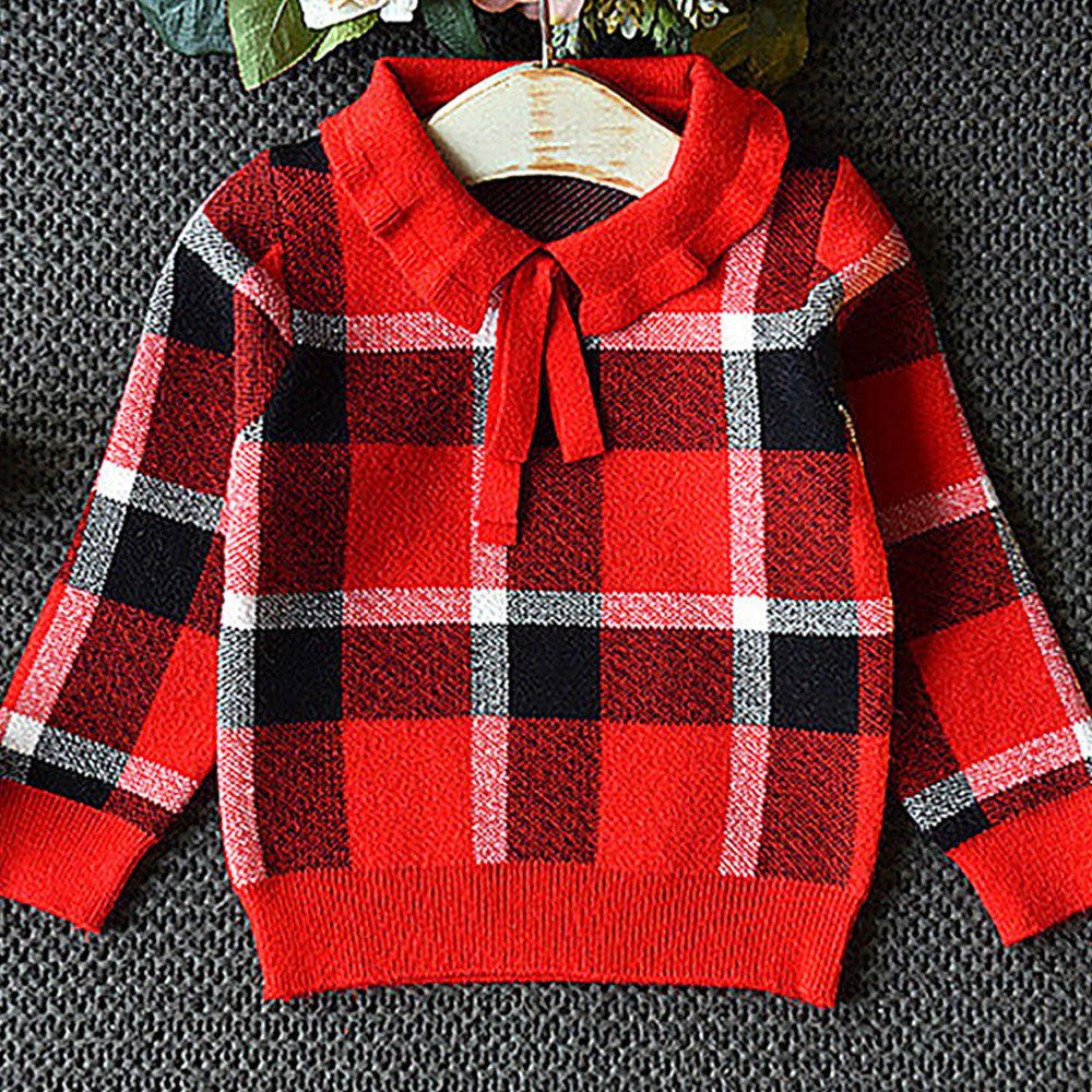 Red Plaid Peter Pan collar 2 pcs sweatshirt & Skirt Winterwear set for Girls - Little Surprise BoxRed Plaid Peter Pan collar 2 pcs sweatshirt & Skirt Winterwear set for Girls