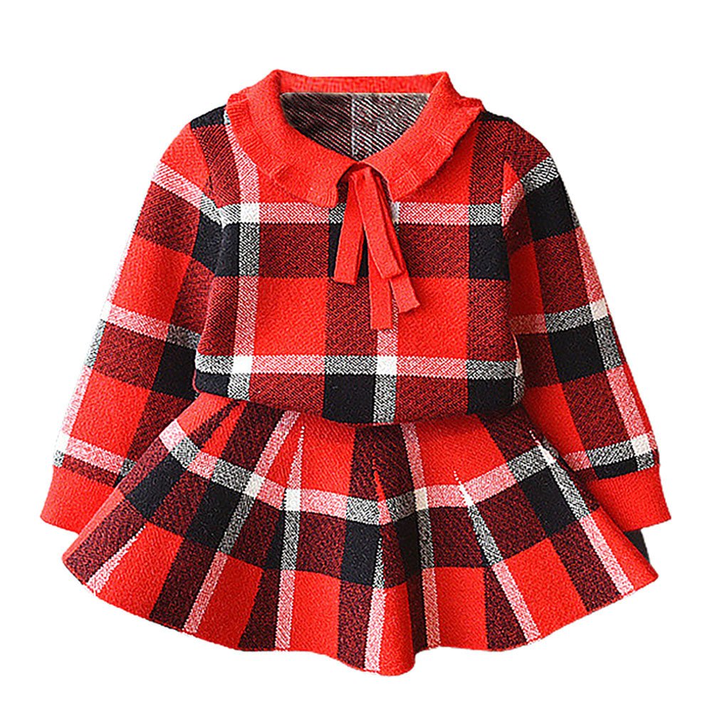 Red Plaid Peter Pan collar 2 pcs sweatshirt & Skirt Winterwear set for Girls - Little Surprise BoxRed Plaid Peter Pan collar 2 pcs sweatshirt & Skirt Winterwear set for Girls