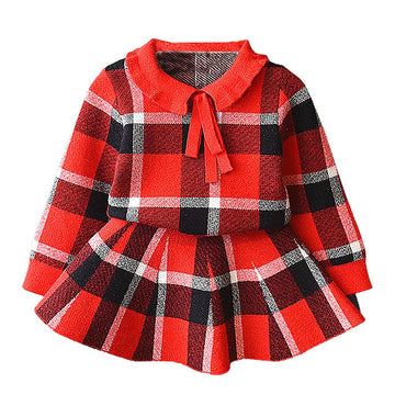 Red Plaid Peter Pan collar 2 pcs sweatshirt & Skirt Winterwear set for Girls - Little Surprise BoxRed Plaid Peter Pan collar 2 pcs sweatshirt & Skirt Winterwear set for Girls