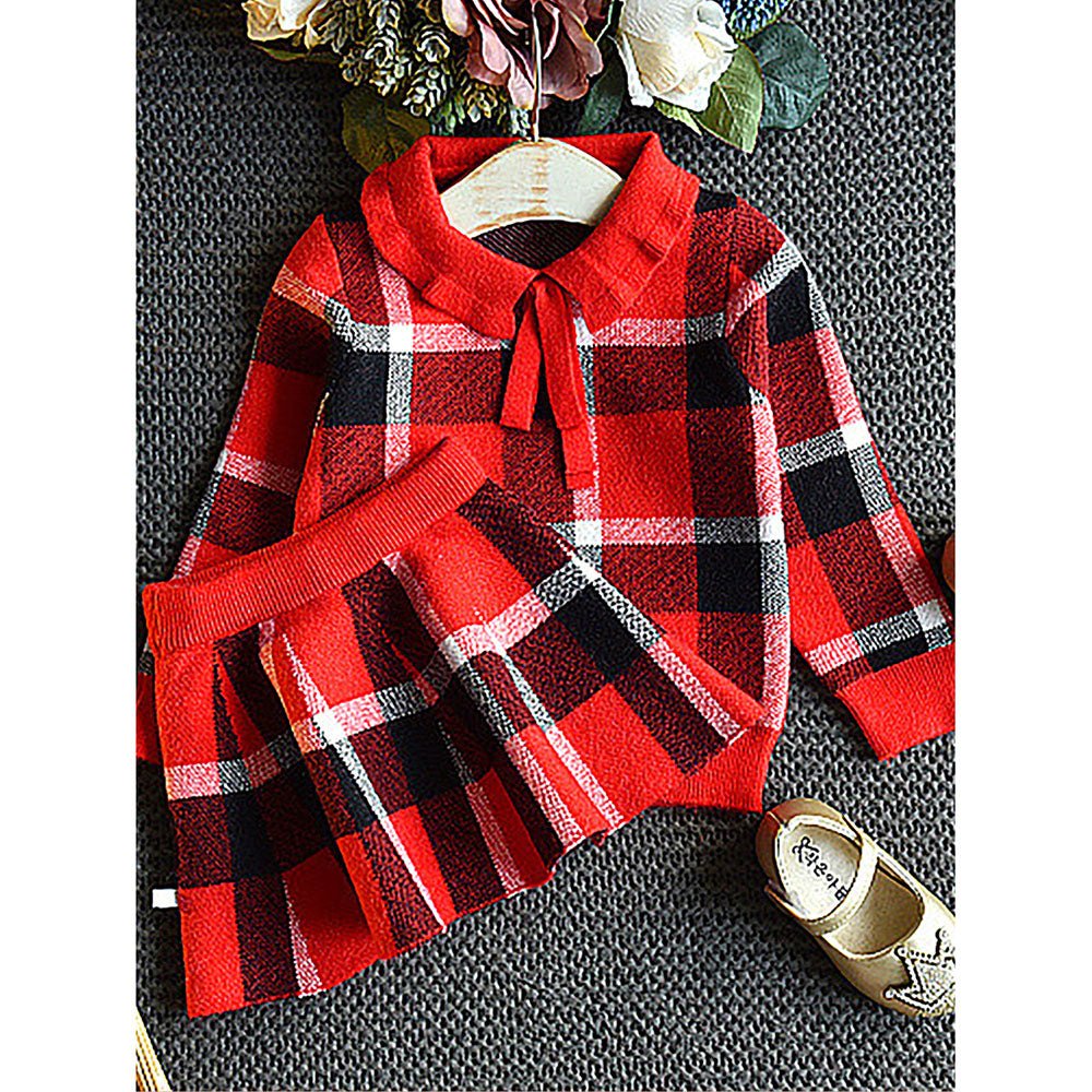 Red Plaid Peter Pan collar 2 pcs sweatshirt & Skirt Winterwear set for Girls - Little Surprise BoxRed Plaid Peter Pan collar 2 pcs sweatshirt & Skirt Winterwear set for Girls