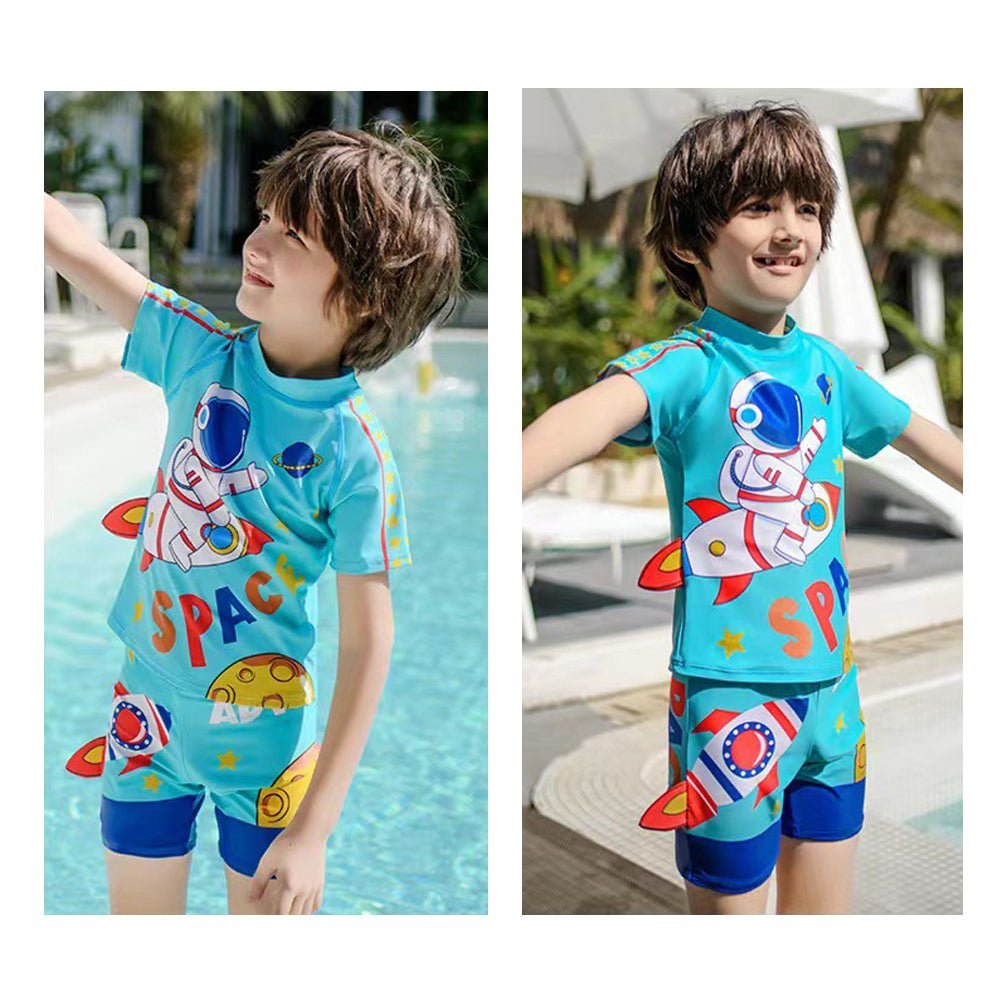 Teal Blue Space Rocket Shirt & Shorts Swimwear for Kids, 2 PCS Set - Little Surprise BoxTeal Blue Space Rocket Shirt & Shorts Swimwear for Kids, 2 PCS Set - Little Surprise BoxTeal Blue Space Rocket Shirt & Shorts Swimwear for Kids, 2 PCS Set