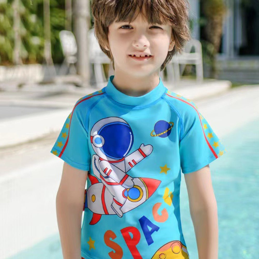 Teal Blue Space Rocket Shirt & Shorts Swimwear for Kids, 2 PCS Set - Little Surprise BoxTeal Blue Space Rocket Shirt & Shorts Swimwear for Kids, 2 PCS Set - Little Surprise BoxTeal Blue Space Rocket Shirt & Shorts Swimwear for Kids, 2 PCS Set