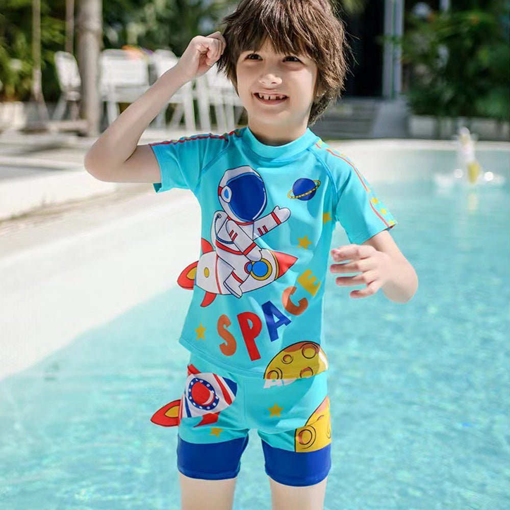 Teal Blue Space Rocket Shirt & Shorts Swimwear for Kids, 2 PCS Set - Little Surprise BoxTeal Blue Space Rocket Shirt & Shorts Swimwear for Kids, 2 PCS Set - Little Surprise BoxTeal Blue Space Rocket Shirt & Shorts Swimwear for Kids, 2 PCS Set