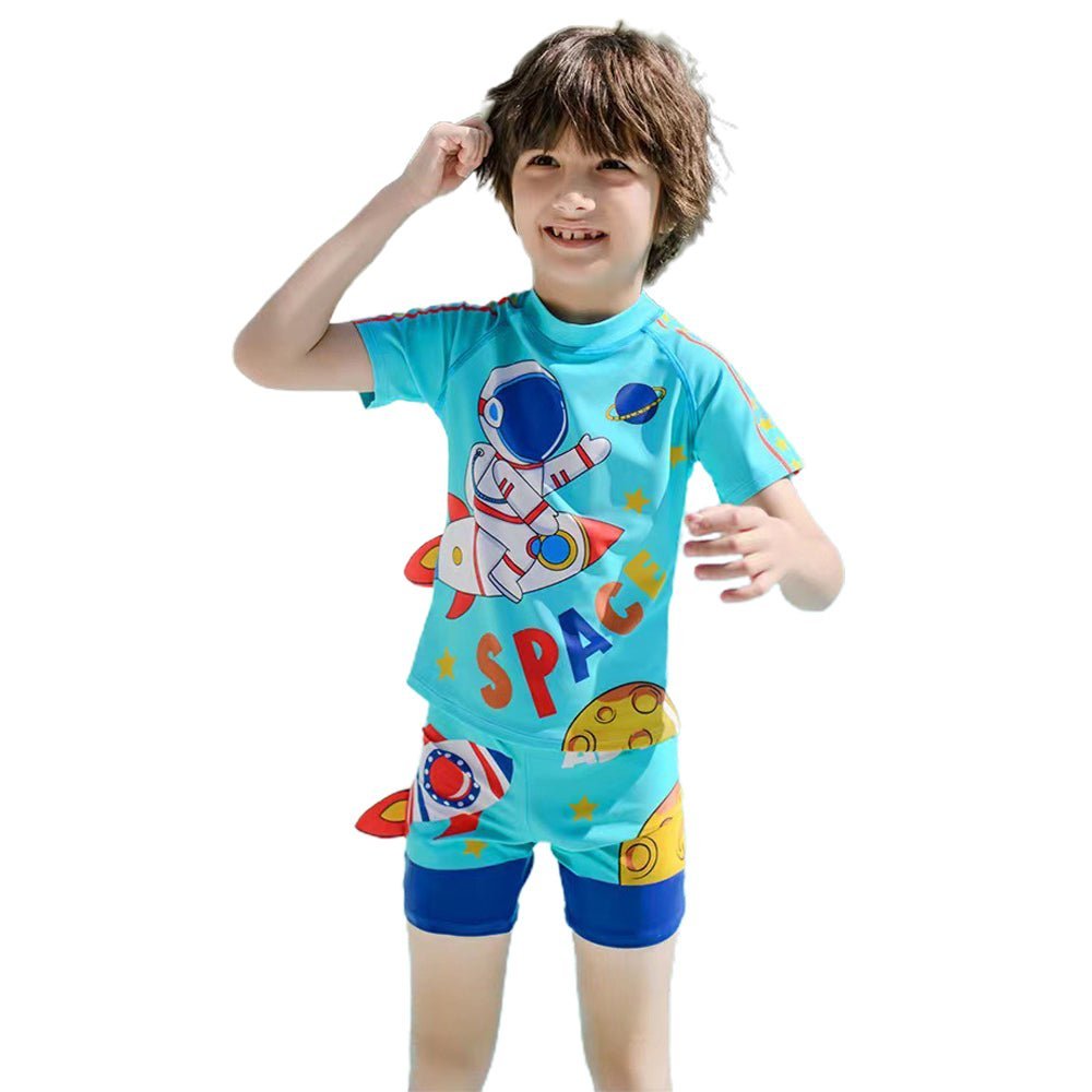 Teal Blue Space Rocket Shirt & Shorts Swimwear for Kids, 2 PCS Set - Little Surprise BoxTeal Blue Space Rocket Shirt & Shorts Swimwear for Kids, 2 PCS Set - Little Surprise BoxTeal Blue Space Rocket Shirt & Shorts Swimwear for Kids, 2 PCS Set