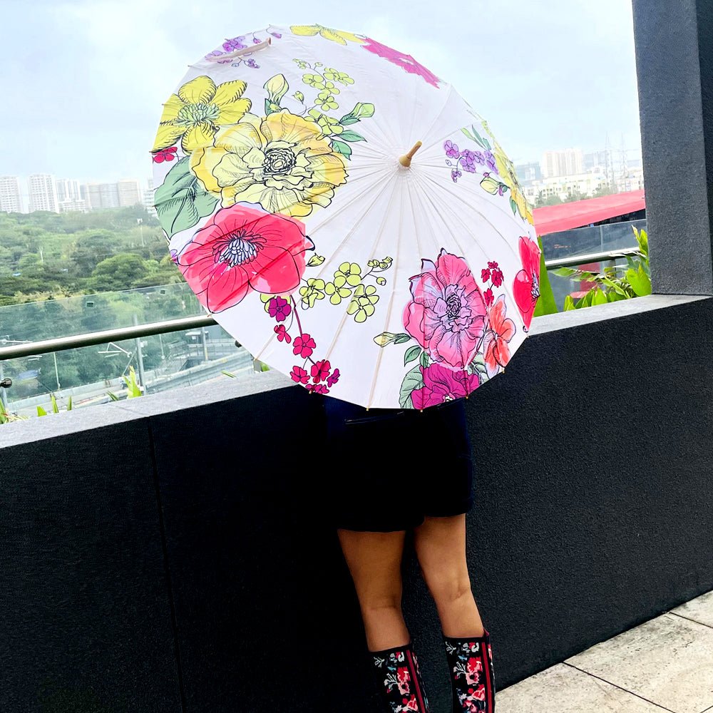 Watercolour Flowers, Chinese Canopy Style Rain and All season Umbrella - Little Surprise BoxWatercolour Flowers, Chinese Canopy Style Rain and All season Umbrella