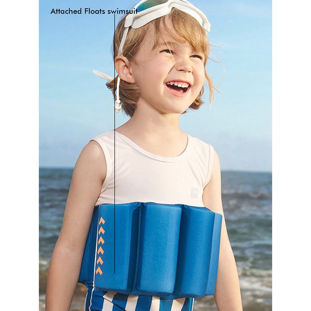 White & Blue Stripes Kids Swimsuit with attached Swim Floats +tie up cap in UPF 50+ - Little Surprise BoxWhite & Blue Stripes Kids Swimsuit with attached Swim Floats +tie up cap in UPF 50+