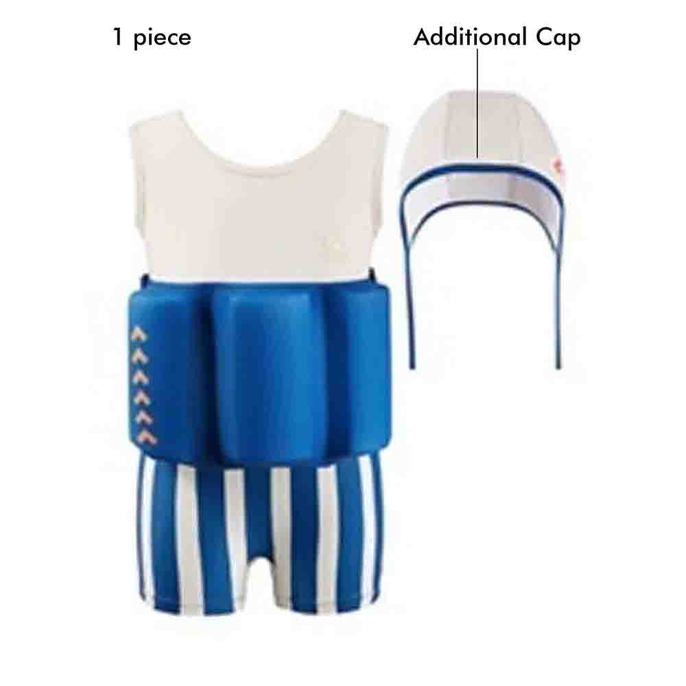 White & Blue Stripes Kids Swimsuit with attached Swim Floats +tie up cap in UPF 50+ - Little Surprise BoxWhite & Blue Stripes Kids Swimsuit with attached Swim Floats +tie up cap in UPF 50+