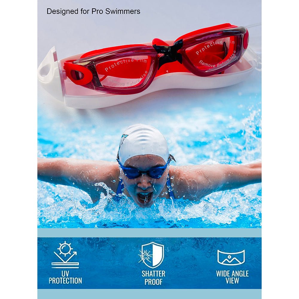 X Factor Red & Black UV protected Unisex Swimming Goggles with attached Ear Plugs for Teens - Little Surprise BoxX Factor Red & Black UV protected Unisex Swimming Goggles with attached Ear Plugs for Teens