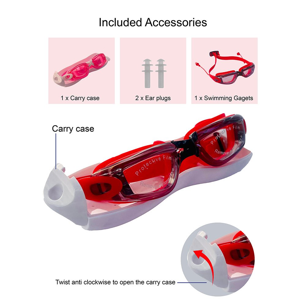 X Factor Red & Black UV protected Unisex Swimming Goggles with attached Ear Plugs for Teens - Little Surprise BoxX Factor Red & Black UV protected Unisex Swimming Goggles with attached Ear Plugs for Teens