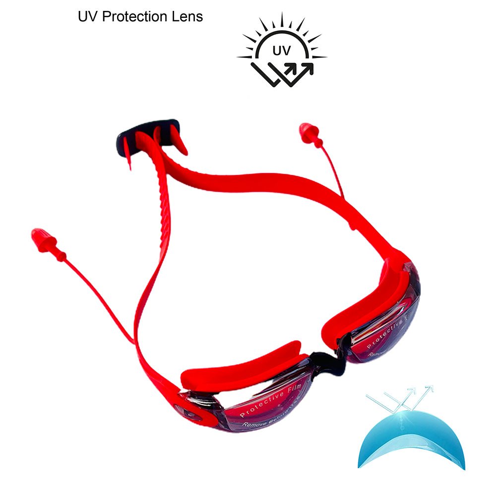 X Factor Red & Black UV protected Unisex Swimming Goggles with attached Ear Plugs for Teens - Little Surprise BoxX Factor Red & Black UV protected Unisex Swimming Goggles with attached Ear Plugs for Teens