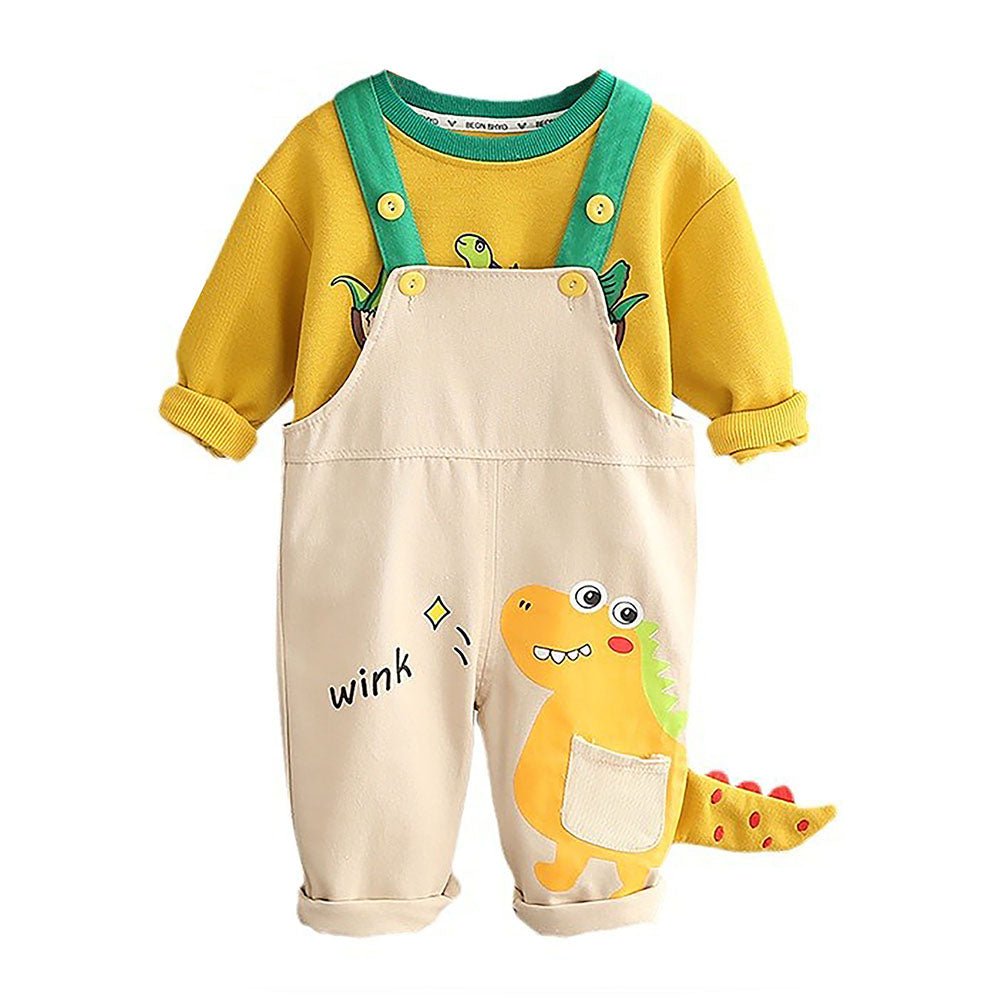 Yellow 3d Dino Dungary Style 2 pc clothing set for Toddlers/Kids - Little Surprise BoxYellow 3d Dino Dungary Style 2 pc clothing set for Toddlers/Kids