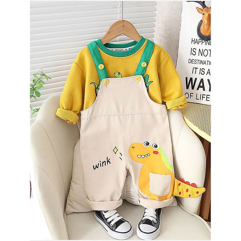 Yellow 3d Dino Dungary Style 2 pc clothing set for Toddlers/Kids - Little Surprise BoxYellow 3d Dino Dungary Style 2 pc clothing set for Toddlers/Kids