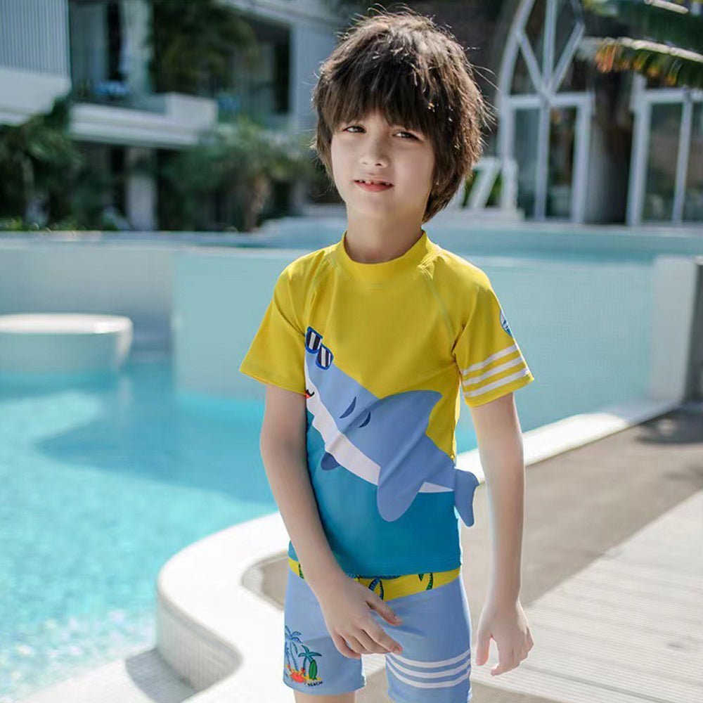 Yellow & Blue Shark Beach Theme Shirt & Shorts Swimwear for Kids - Little Surprise BoxYellow & Blue Shark Beach Theme Shirt & Shorts Swimwear for Kids - Little Surprise BoxYellow & Blue Shark Beach Theme Shirt & Shorts Swimwear for Kids