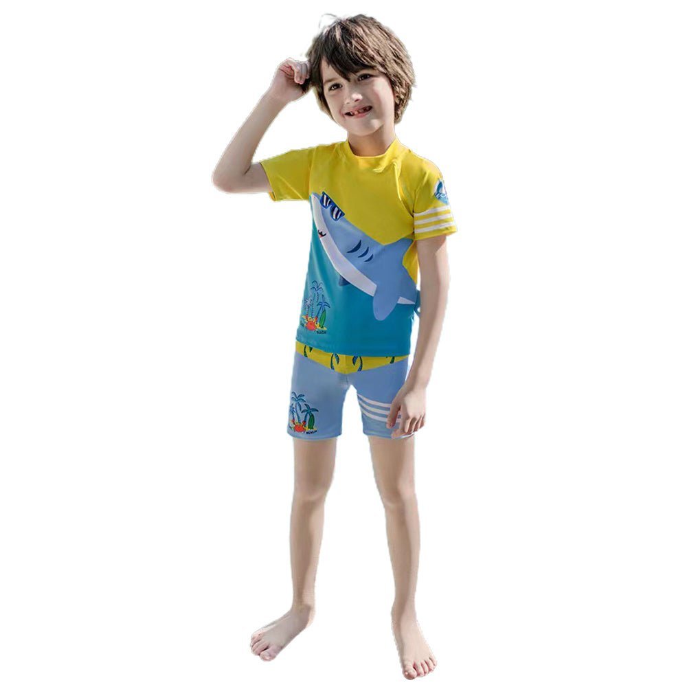Yellow & Blue Shark Beach Theme Shirt & Shorts Swimwear for Kids - Little Surprise BoxYellow & Blue Shark Beach Theme Shirt & Shorts Swimwear for Kids - Little Surprise BoxYellow & Blue Shark Beach Theme Shirt & Shorts Swimwear for Kids