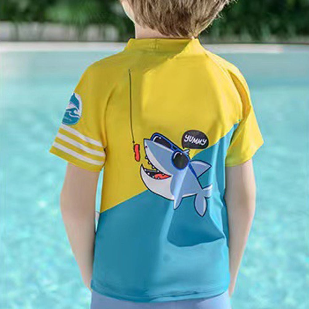 Yellow & Blue Shark Beach Theme Shirt & Shorts Swimwear for Kids - Little Surprise BoxYellow & Blue Shark Beach Theme Shirt & Shorts Swimwear for Kids - Little Surprise BoxYellow & Blue Shark Beach Theme Shirt & Shorts Swimwear for Kids