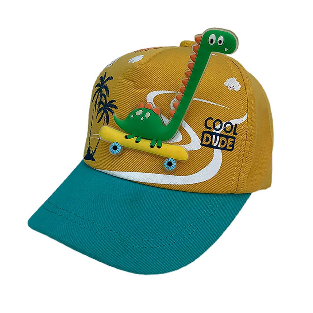 Yellow & Teal  3d Dino on wheels Casual Cap for Kids - Little Surprise BoxYellow & Teal  3d Dino on wheels Casual Cap for Kids