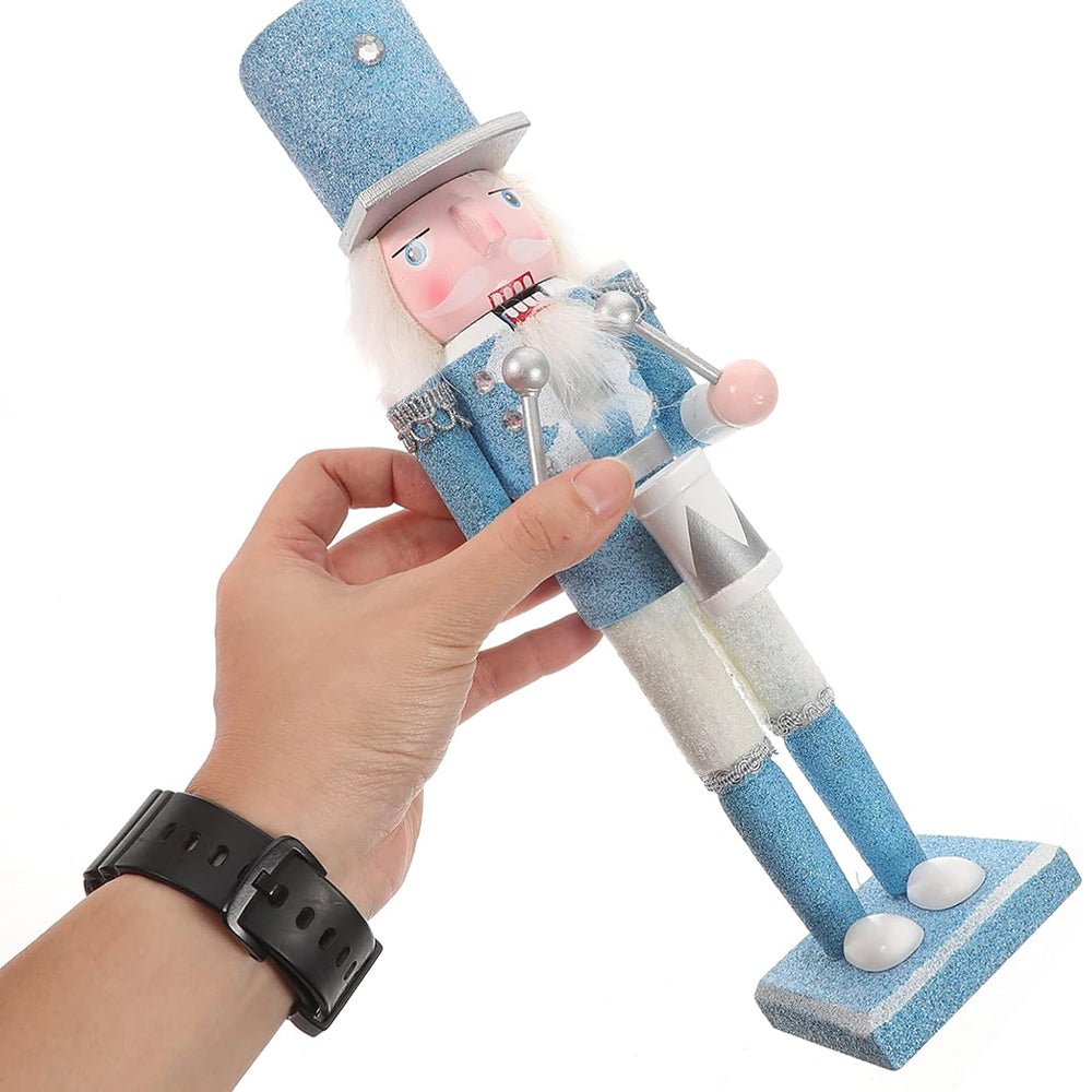 12 inches, Shimmer White & Blue Drum Roll Nutcracker Self Standing Christmas Table Décor - Little Surprise Box12 inches, Shimmer White & Blue Drum Roll Nutcracker Self Standing Christmas Table Décor