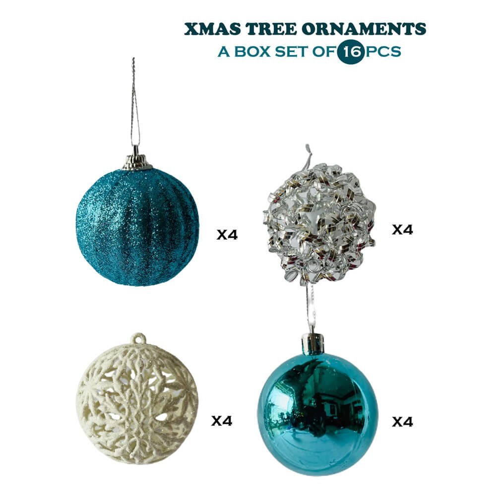 16 pcs, Blue, White & Silver Colour Hanging Christmas Tree Ornaments - Little Surprise Box16 pcs, Blue, White & Silver Colour Hanging Christmas Tree Ornaments