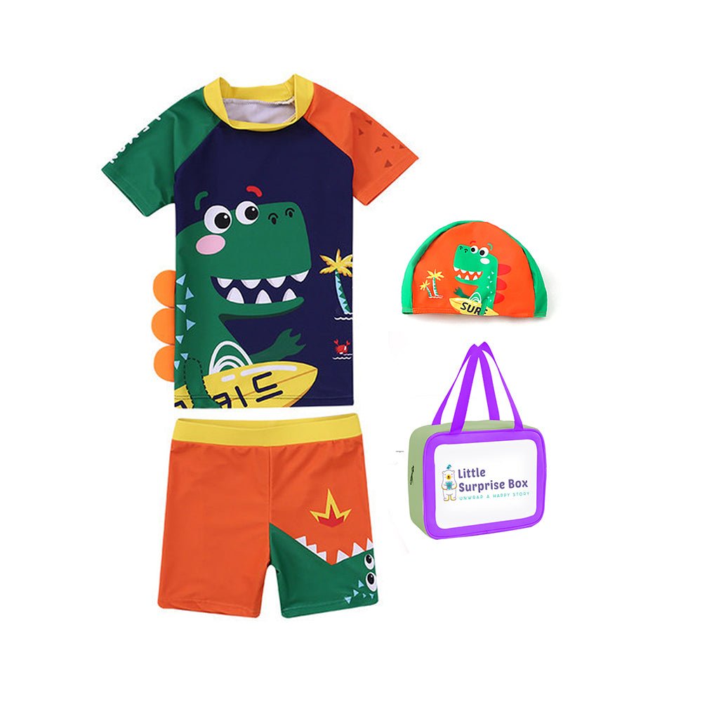 2 pcs Shirt & Shorts set 3d Orange Dinosaur Swimwwear with matching swimcap for toddlers and Kids, with UPF 50+ - Little Surprise Box2 pcs Shirt & Shorts set 3d Orange Dinosaur Swimwwear with matching swimcap for toddlers and Kids, with UPF 50+