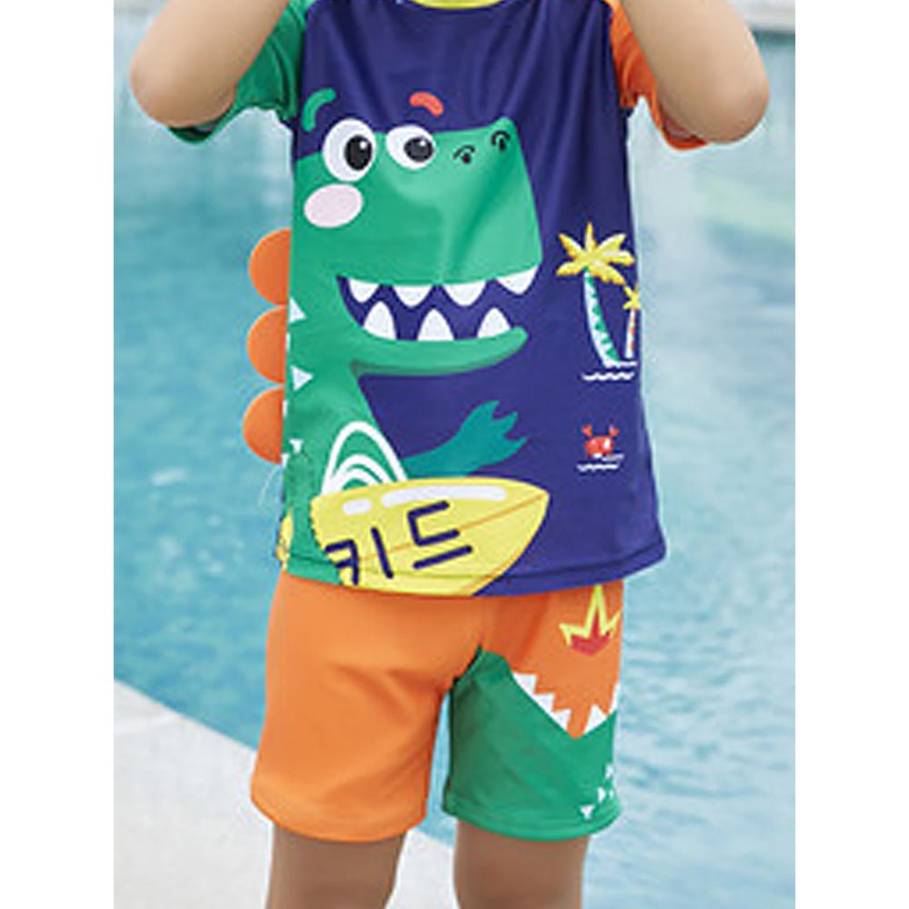 2 pcs Shirt & Shorts set 3d Orange Dinosaur Swimwwear with matching swimcap for toddlers and Kids, with UPF 50+ - Little Surprise Box2 pcs Shirt & Shorts set 3d Orange Dinosaur Swimwwear with matching swimcap for toddlers and Kids, with UPF 50+