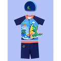 2 pcs Shirt & Shorts set Blue 3d Dino Surfer Kids Swimwwear with matching Swim Cap with UPF 50+ - Little Surprise Box2 pcs Shirt & Shorts set Blue 3d Dino Surfer Kids Swimwwear with matching Swim Cap with UPF 50+