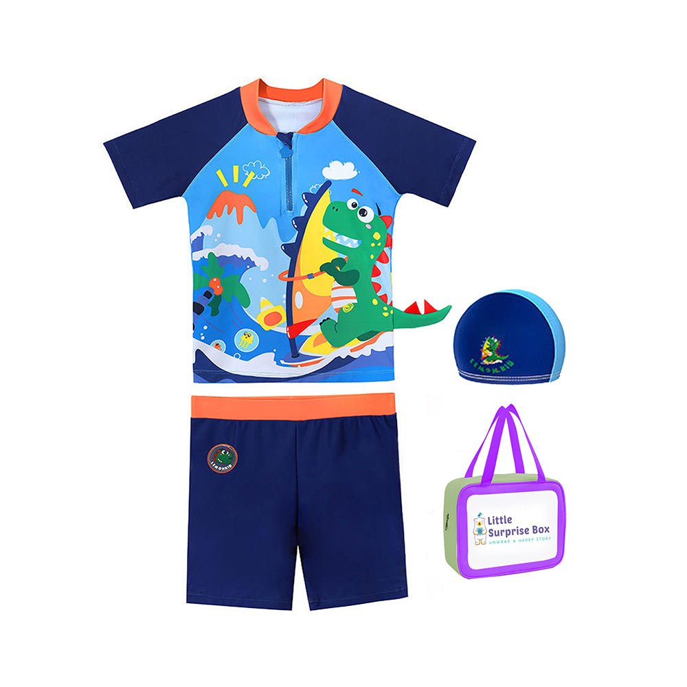 2 pcs Shirt & Shorts set Blue 3d Dino Surfer Kids Swimwwear with matching Swim Cap with UPF 50+ - Little Surprise Box2 pcs Shirt & Shorts set Blue 3d Dino Surfer Kids Swimwwear with matching Swim Cap with UPF 50+