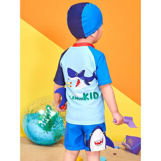 2 pcs Shirt & Shorts set Red & Blue 3d Whale Kids Swimwwear with matching swim cap with UPF 50+ - Little Surprise Box2 pcs Shirt & Shorts set Red & Blue 3d Whale Kids Swimwwear with matching swim cap with UPF 50+