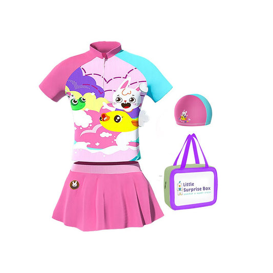 2 pcs Shirt & Skirt set, Mint & Pink Multi Swimwear with matching swimcap for Kids with UPF 50+ - Little Surprise Box2 pcs Shirt & Skirt set, Mint & Pink Multi Swimwear with matching swimcap for Kids with UPF 50+