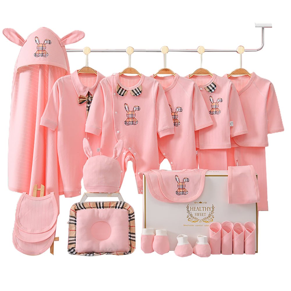 25 pcs Pink Checkered Bunny , New born Baby Girl/Boy Gift Hamper All Season wear Gift Hamper Box, (0-6months) - Little Surprise Box25 pcs Pink Checkered Bunny , New born Baby Girl/Boy Gift Hamper All Season wear Gift Hamper Box, (0-6months)