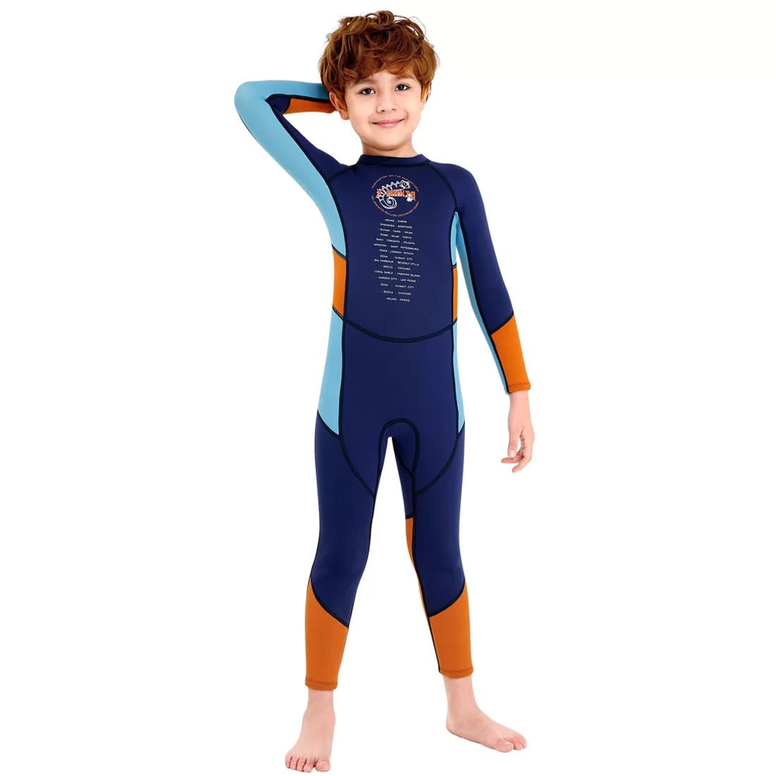 2.55mm Neoprene Full Length Kids Swimsuit, Blue & Bold Orange with UV protection - Little Surprise Box2.55mm Neoprene Full Length Kids Swimsuit, Blue & Bold Orange with UV protection
