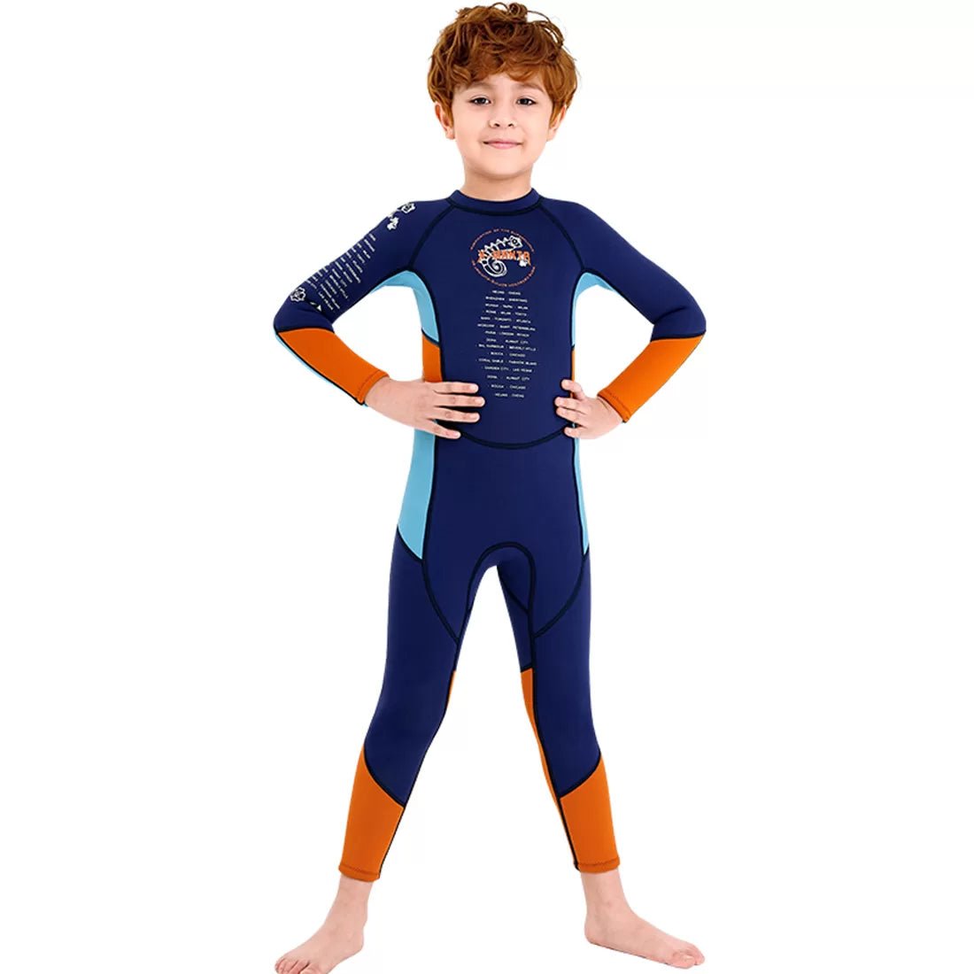 2.55mm Neoprene Full Length Kids Swimsuit, Blue & Bold Orange with UV protection - Little Surprise Box2.55mm Neoprene Full Length Kids Swimsuit, Blue & Bold Orange with UV protection