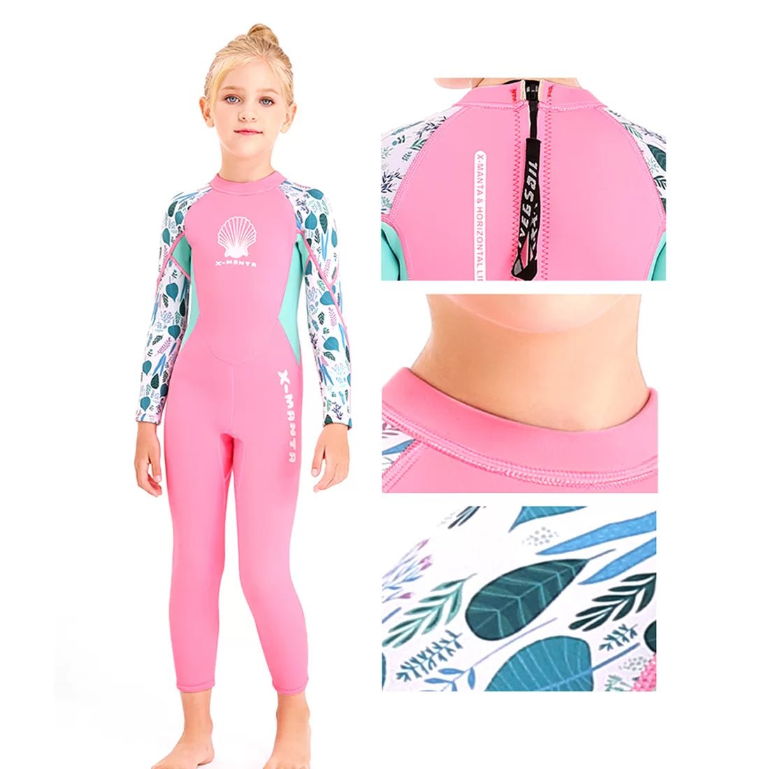 2.55mm Neoprene Full Length Kids Swimsuit, Fluorescent Pink with Floral Sleeve with UV protection - Little Surprise Box2.55mm Neoprene Full Length Kids Swimsuit, Fluorescent Pink with Floral Sleeve with UV protection