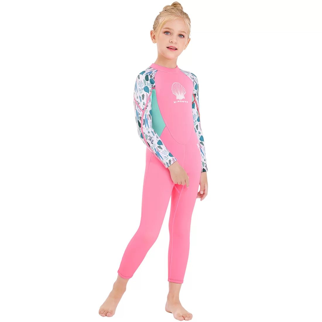 2.55mm Neoprene Full Length Kids Swimsuit, Fluorescent Pink with Floral Sleeve with UV protection - Little Surprise Box2.55mm Neoprene Full Length Kids Swimsuit, Fluorescent Pink with Floral Sleeve with UV protection