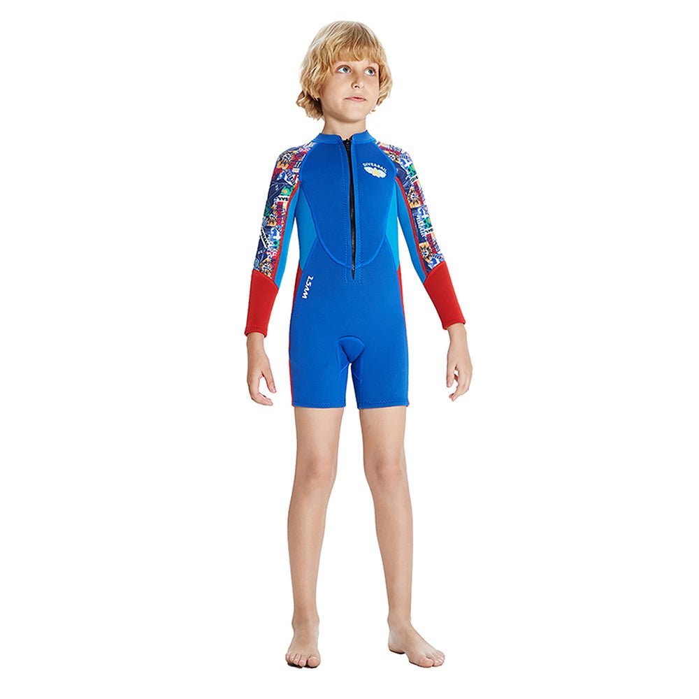 2.5mm Neoprene Knee Length Kids Swimsuit, Blue & Bright Red Travel Theme, Full Sleeves swimwear - Little Surprise Box2.5mm Neoprene Knee Length Kids Swimsuit, Blue & Bright Red Travel Theme, Full Sleeves swimwear