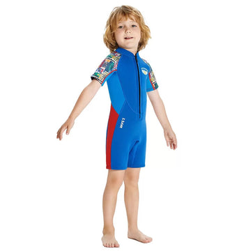2.5mm Neoprene Knee Length Kids Swimsuit, Blue & Bright Red Travel Theme, Half Sleeves Swimwear