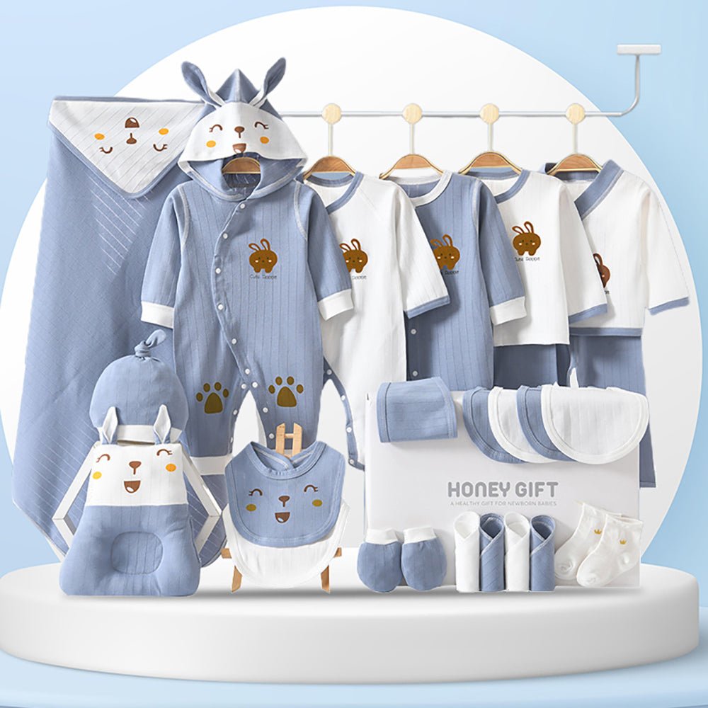 26pcs Blue Hunny Bunny , New born Baby Girl/Boy Gift Hamper all Season wear Clothes Gift Hamper Box, (0-6months) - Little Surprise Box26pcs Blue Hunny Bunny , New born Baby Girl/Boy Gift Hamper all Season wear Clothes Gift Hamper Box, (0-6months)