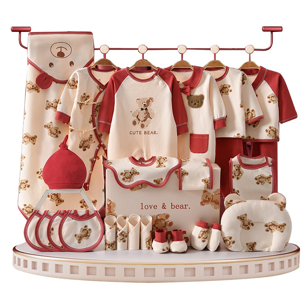 26pcs Cream & Maroon Teddy Love , New born Baby Girl/Boy Gift Hamper all Season wear Clothes Gift Hamper Box, (0-6months) - Little Surprise Box26pcs Cream & Maroon Teddy Love , New born Baby Girl/Boy Gift Hamper all Season wear Clothes Gift Hamper Box, (0-6months)