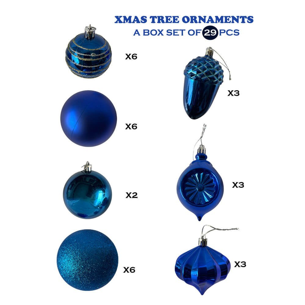 29 pcs Shiny Metallic Cobalt Blue Hanging Christmas Tree Ornaments - Little Surprise Box29 pcs Shiny Metallic Cobalt Blue Hanging Christmas Tree Ornaments