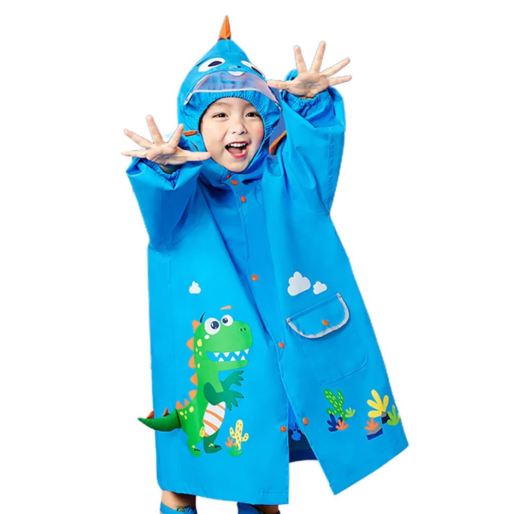 3d Applique Dino Cactus Theme, Knee Length Raincoat for Kids, Bright Blue - Little Surprise Box3d Applique Dino Cactus Theme, Knee Length Raincoat for Kids, Bright Blue