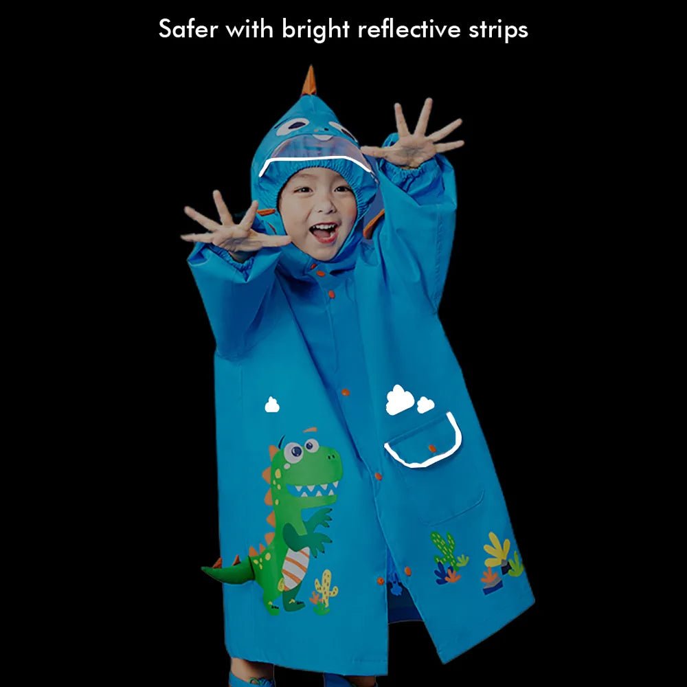 3d Applique Dino Cactus Theme, Knee Length Raincoat for Kids, Bright Blue - Little Surprise Box3d Applique Dino Cactus Theme, Knee Length Raincoat for Kids, Bright Blue