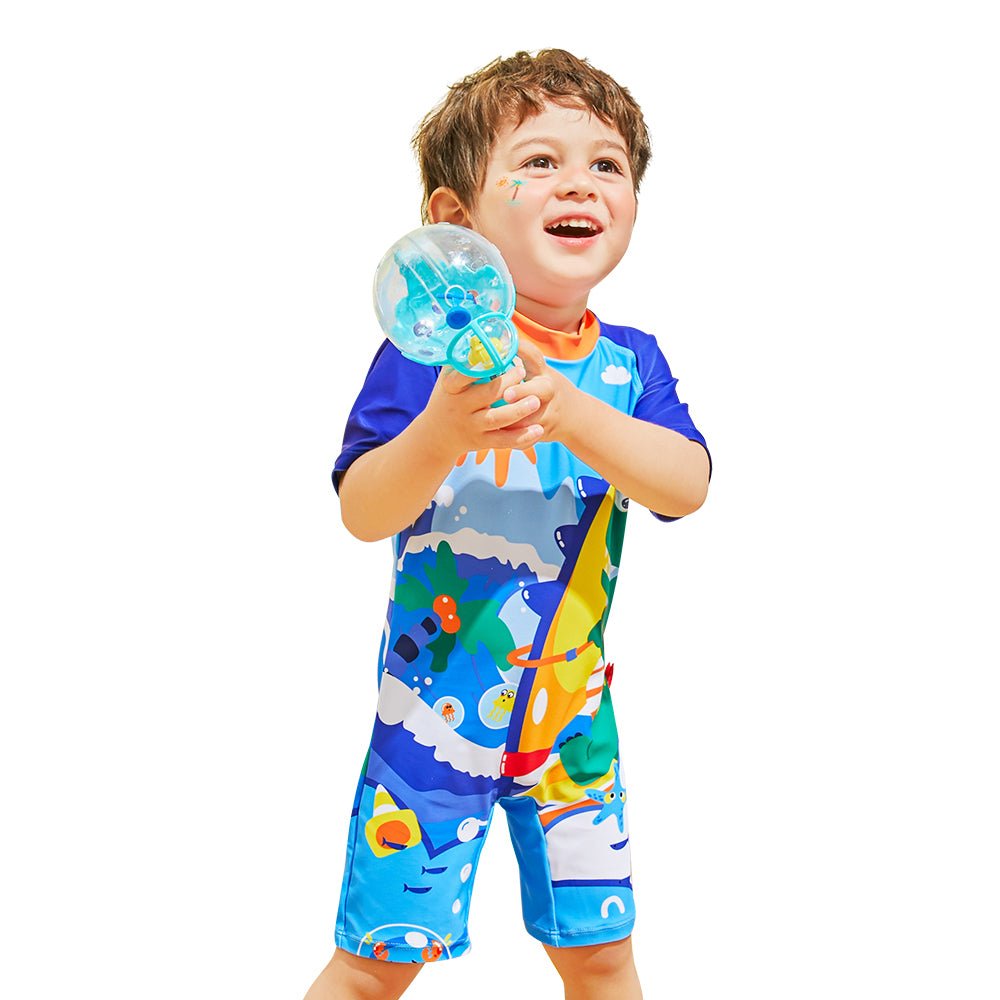 3d Tail Blue Surfing Dino Kids Swimwear with matching Swim Cap - Little Surprise Box3d Tail Blue Surfing Dino Kids Swimwear with matching Swim Cap