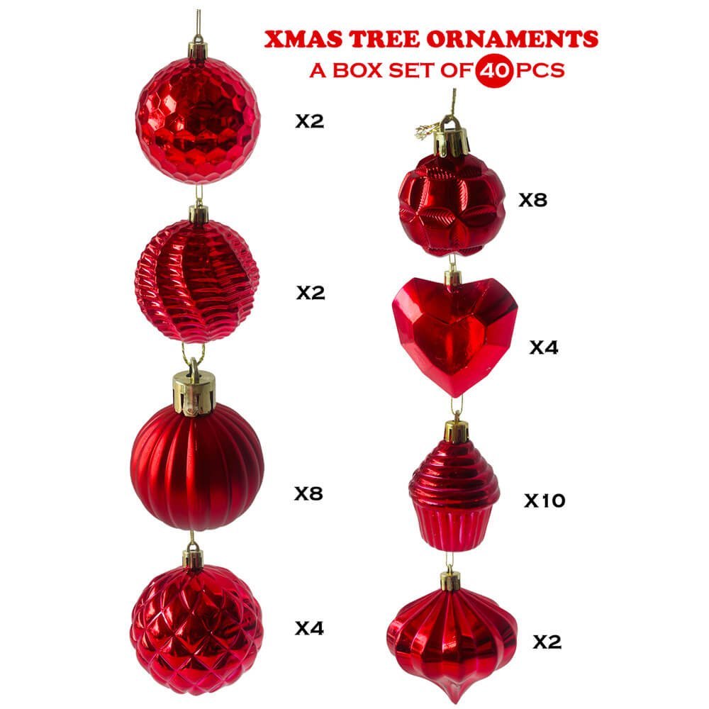 40 pcs Deep Shiny Red Theme Hanging Christmas Tree Ornaments