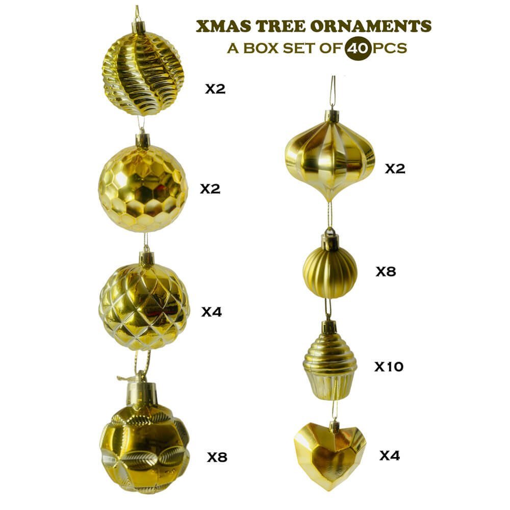 40 pcs Shiny Gold Theme Hanging Christmas Tree Ornaments - Little Surprise Box40 pcs Shiny Gold Theme Hanging Christmas Tree Ornaments